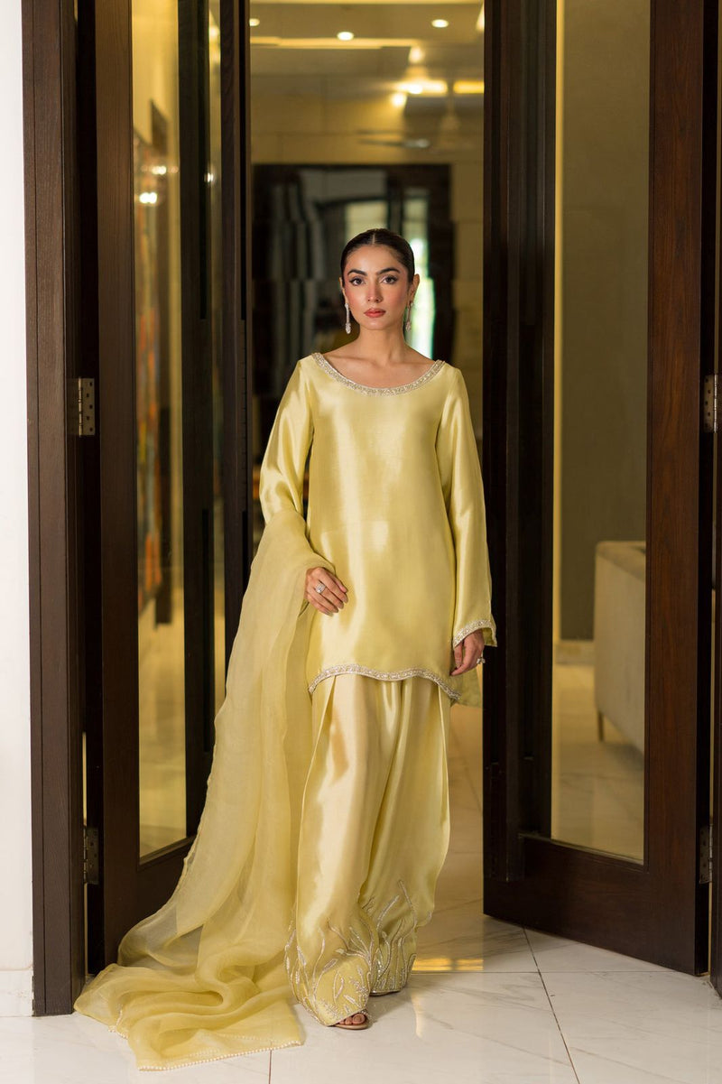 Butter soft Silk 3-Piece Ladies Suit – embroidery Hand-Embellished Shirt, silk trouser & Dupatta